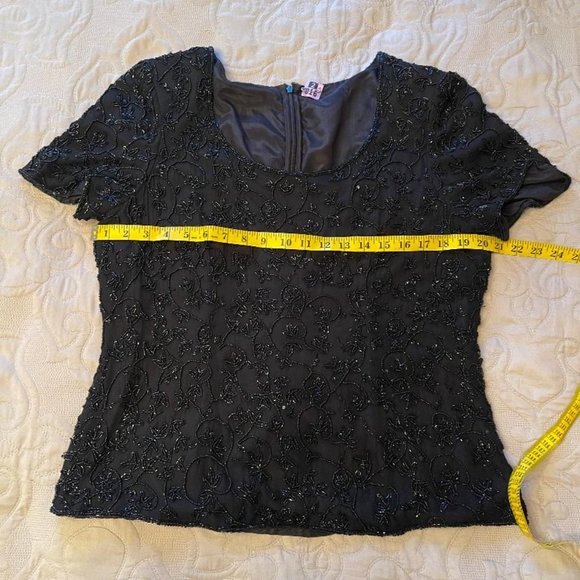 Occasions Cropped Beaded Black Flowers Silk Top Size L - Picture 5 of 5